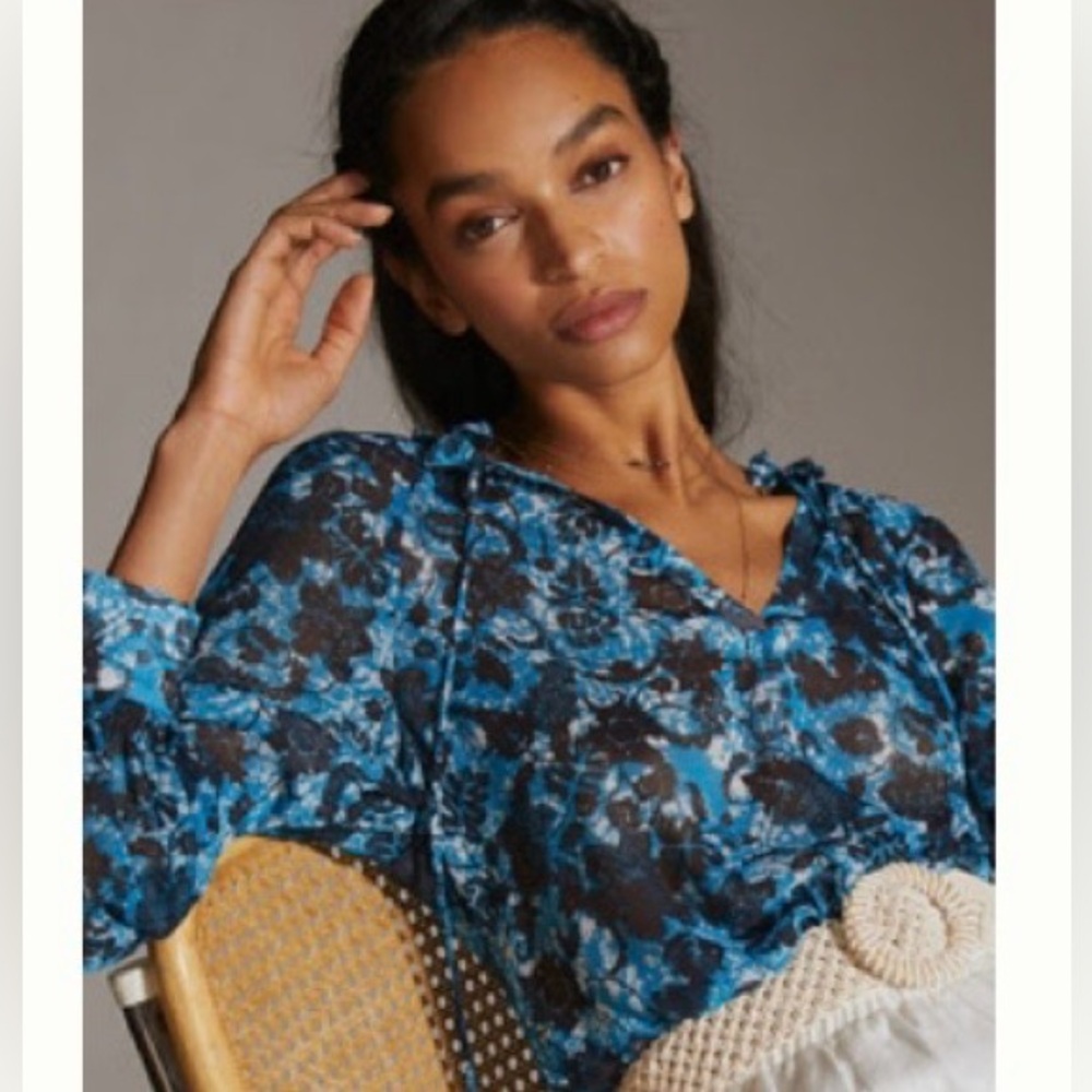 Anthropologie Sheer Printed Peasant Blouse